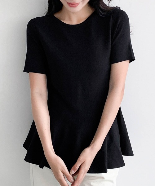 LOWO(ロワ)の「クルーネックペプラムニットソー(Tシャツ/カットソー・レディース・ネイビー/ブラウン/チャコールグレー/オフホワイト/ブラック・FREE)」の3枚目の写真