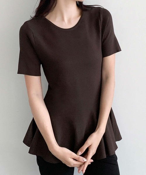 LOWO(ロワ)の「クルーネックペプラムニットソー(Tシャツ/カットソー・レディース・ネイビー/ブラウン/チャコールグレー/オフホワイト/ブラック・FREE)」の10枚目の写真