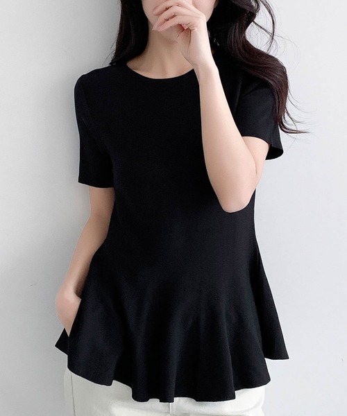 LOWO(ロワ)の「クルーネックペプラムニットソー(Tシャツ/カットソー・レディース・ネイビー/ブラウン/チャコールグレー/オフホワイト/ブラック・FREE)」の16枚目の写真