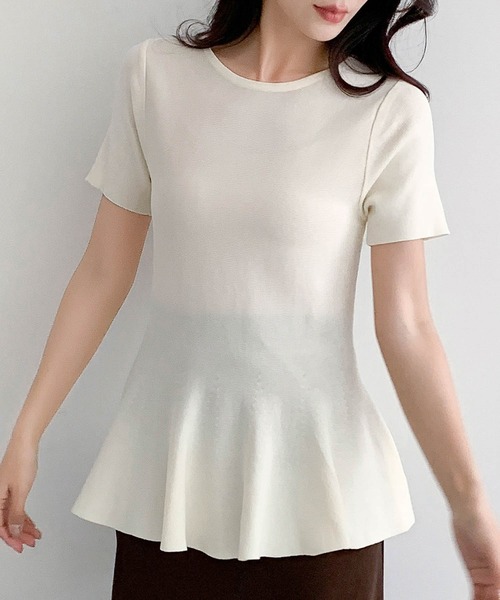 LOWO(ロワ)の「クルーネックペプラムニットソー(Tシャツ/カットソー・レディース・ネイビー/ブラウン/チャコールグレー/オフホワイト/ブラック・FREE)」の18枚目の写真