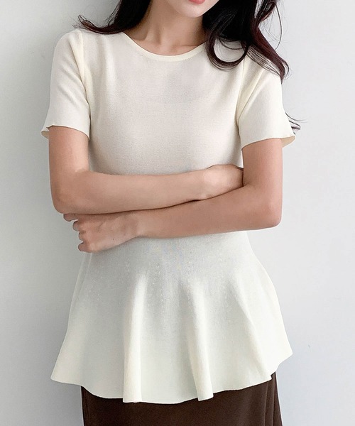 LOWO(ロワ)の「クルーネックペプラムニットソー(Tシャツ/カットソー・レディース・ネイビー/ブラウン/チャコールグレー/オフホワイト/ブラック・FREE)」の19枚目の写真