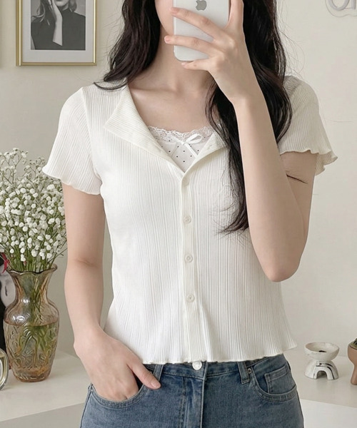 VIVID LADY(ビビッドレディー)の「ドットインナー風 レイヤードリブカーデトップス(Tシャツ/カットソー・レディース・ライトブルー/アイボリー/イエロー/ミント・FREE)」の2枚目の写真