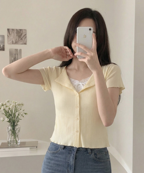 VIVID LADY(ビビッドレディー)の「ドットインナー風 レイヤードリブカーデトップス(Tシャツ/カットソー・レディース・ライトブルー/アイボリー/イエロー/ミント・FREE)」の13枚目の写真