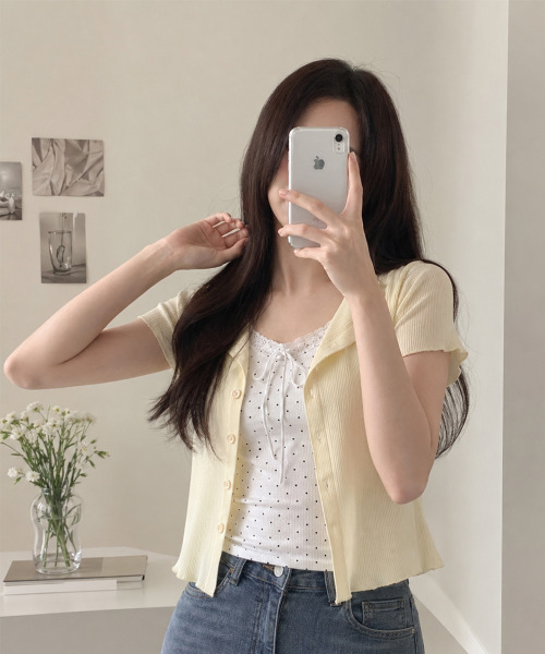 VIVID LADY(ビビッドレディー)の「ドットインナー風 レイヤードリブカーデトップス(Tシャツ/カットソー・レディース・ライトブルー/アイボリー/イエロー/ミント・FREE)」の16枚目の写真