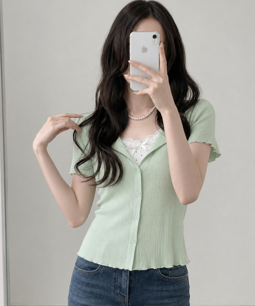 VIVID LADY(ビビッドレディー)の「ドットインナー風 レイヤードリブカーデトップス(Tシャツ/カットソー・レディース・ライトブルー/アイボリー/イエロー/ミント・FREE)」の18枚目の写真