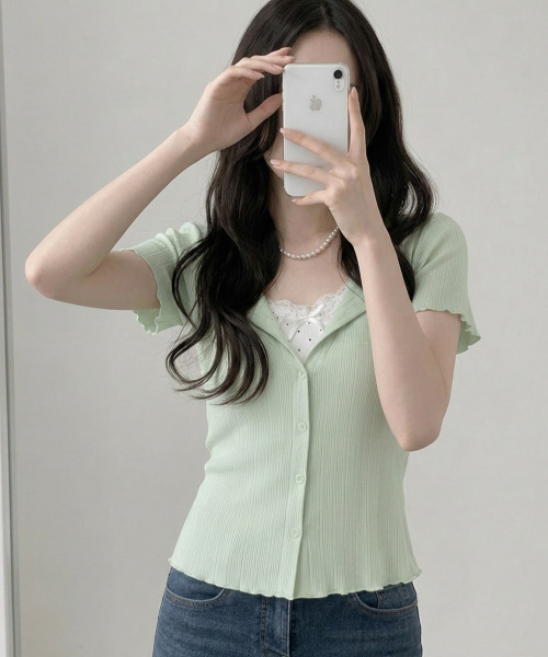 VIVID LADY(ビビッドレディー)の「ドットインナー風 レイヤードリブカーデトップス(Tシャツ/カットソー・レディース・ライトブルー/アイボリー/イエロー/ミント・FREE)」の19枚目の写真