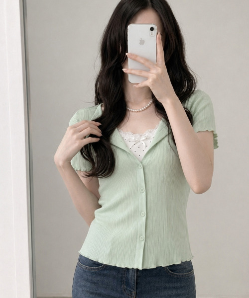 VIVID LADY(ビビッドレディー)の「ドットインナー風 レイヤードリブカーデトップス(Tシャツ/カットソー・レディース・ライトブルー/アイボリー/イエロー/ミント・FREE)」の20枚目の写真