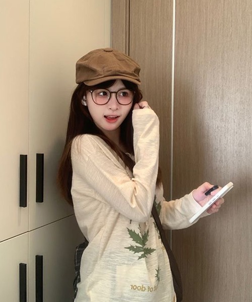 AsheKsha（アシクシャ）の「森系レトロ植物柄レースアップVネック長袖トップス（Tシャツ/カットソー・レディース・ダークグリーン/ベージュ・M）」の8枚目の写真