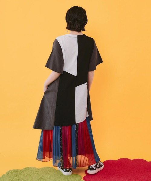 ScoLar(スカラー)の「162669:モノクロワールド柄 配色素材切替 アシメチュニック(チュニック・レディース・イエロー/オフホワイト/チャコールグレー・M)」の19枚目の写真