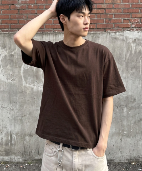 セール】メンズ コットン 半袖 クロップTシャツ ブラウン（Tシャツ
