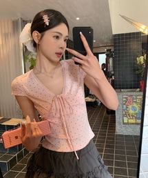 ハートプリント レース V ネック前リボントップス