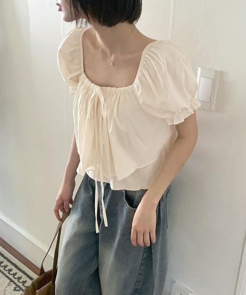 REMUR(レミュール)の「2WAYネックパフスリーブティアードトップス(シャツ/ブラウス・レディース・ベージュ/サックスブルー/ピンク/ホワイト・FREE)」の14枚目の写真