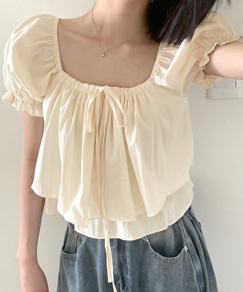 REMUR(レミュール)の「2WAYネックパフスリーブティアードトップス(シャツ/ブラウス・レディース・ベージュ/サックスブルー/ピンク/ホワイト・FREE)」の15枚目の写真
