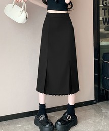プリーツ切替ロングスカート / スリットデザイン アシンメトリースカート