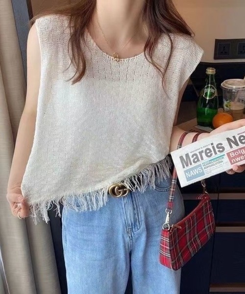 Beststore(ベストストア)の「フリンジ付き サマーニット ベスト(ベスト・レディース・ホワイト/ブラック/アイボリー/ライトグリーン・FREE)」の7枚目の写真