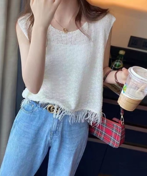 Beststore(ベストストア)の「フリンジ付き サマーニット ベスト(ベスト・レディース・ホワイト/ブラック/アイボリー/ライトグリーン・FREE)」の9枚目の写真