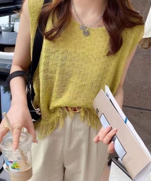 Beststore(ベストストア)の「フリンジ付き サマーニット ベスト(ベスト・レディース・ホワイト/ブラック/アイボリー/ライトグリーン・FREE)」の10枚目の写真