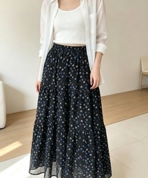 【Y2Kガーリー】レトロフラワーシフォンティアードマキシスカート ウエストゴム仕様 サイドポケット付