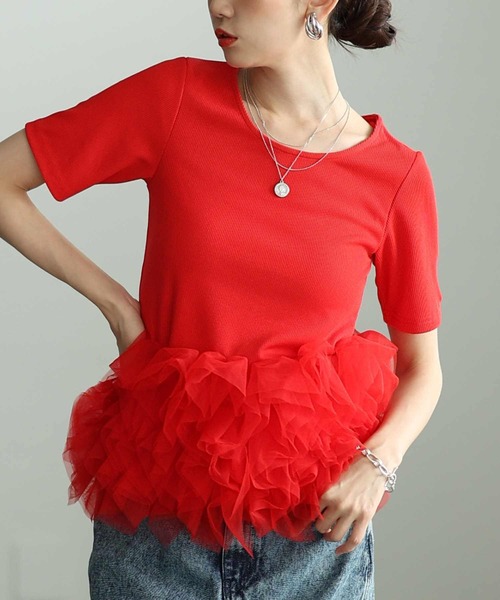 Sawa a la mode(サワアラモード)の「異素材チュールフリルリブトップス(Tシャツ/カットソー・レディース・オレンジ/ブラック・FREE)」の1枚目の写真
