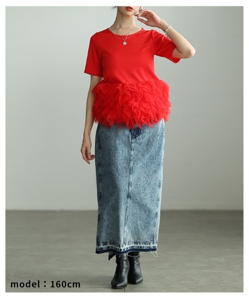 Sawa a la mode(サワアラモード)の「異素材チュールフリルリブトップス(Tシャツ/カットソー・レディース・オレンジ/ブラック・FREE)」の19枚目の写真