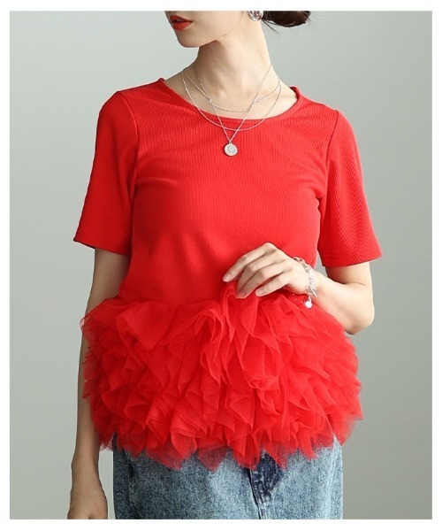 Sawa a la mode(サワアラモード)の「異素材チュールフリルリブトップス(Tシャツ/カットソー・レディース・オレンジ/ブラック・FREE)」の22枚目の写真