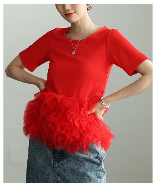 Sawa a la mode(サワアラモード)の「異素材チュールフリルリブトップス(Tシャツ/カットソー・レディース・オレンジ/ブラック・FREE)」の3枚目の写真