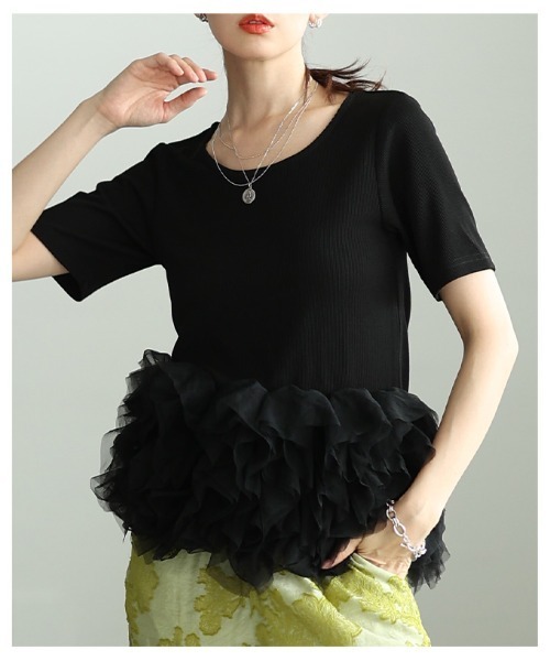 Sawa a la mode(サワアラモード)の「異素材チュールフリルリブトップス(Tシャツ/カットソー・レディース・オレンジ/ブラック・FREE)」の9枚目の写真