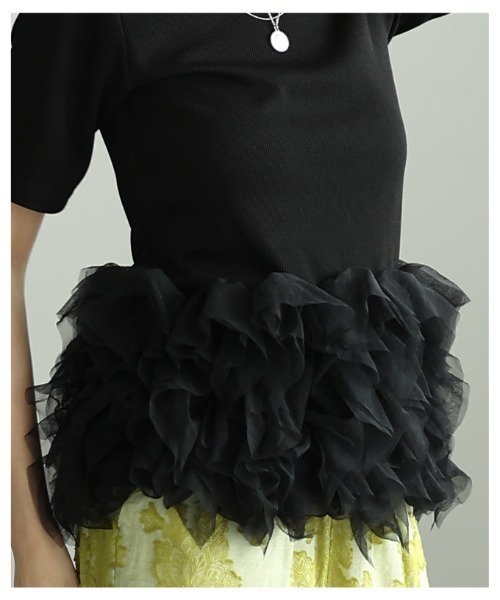 Sawa a la mode(サワアラモード)の「異素材チュールフリルリブトップス(Tシャツ/カットソー・レディース・オレンジ/ブラック・FREE)」の10枚目の写真