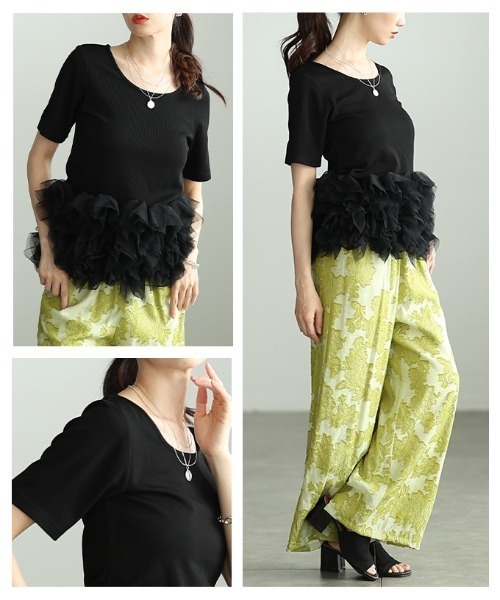Sawa a la mode(サワアラモード)の「異素材チュールフリルリブトップス(Tシャツ/カットソー・レディース・オレンジ/ブラック・FREE)」の12枚目の写真