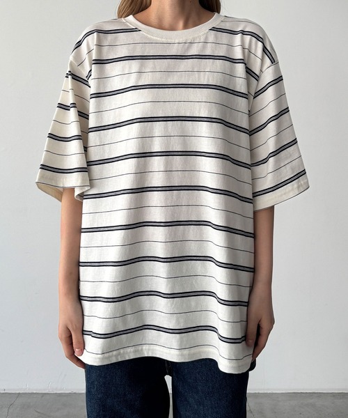 CANAL JEAN(キャナルジーン)の「Lakey Park マルチボーダーオーバーTシャツ(Tシャツ/カットソー・レディース・ヘザーグレー/ブラウン/アイボリー・ONE SIZE)」の7枚目の写真