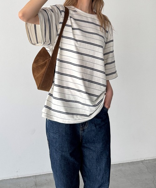 CANAL JEAN(キャナルジーン)の「Lakey Park マルチボーダーオーバーTシャツ(Tシャツ/カットソー・レディース・ヘザーグレー/ブラウン/アイボリー・ONE SIZE)」の22枚目の写真
