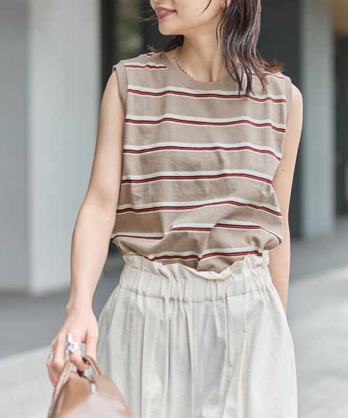 JOURNAL STANDARD(ジャーナルスタンダード)の「《追加4》汗ジミ防止天竺ボーダーノースリーブ(Tシャツ/カットソー・レディース・ブラック/ベージュ/ウッド/グリーン/グレー・FREE)」の4枚目の写真
