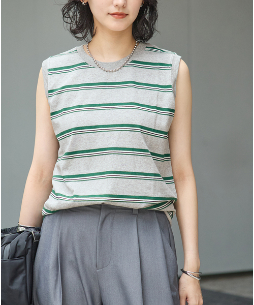 JOURNAL STANDARD(ジャーナルスタンダード)の「《追加4》汗ジミ防止天竺ボーダーノースリーブ(Tシャツ/カットソー・レディース・ブラック/ベージュ/ウッド/グリーン/グレー・FREE)」の2枚目の写真