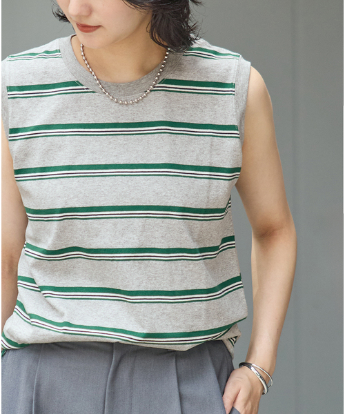 JOURNAL STANDARD(ジャーナルスタンダード)の「《追加4》汗ジミ防止天竺ボーダーノースリーブ(Tシャツ/カットソー・レディース・ブラック/ベージュ/ウッド/グリーン/グレー・FREE)」の13枚目の写真