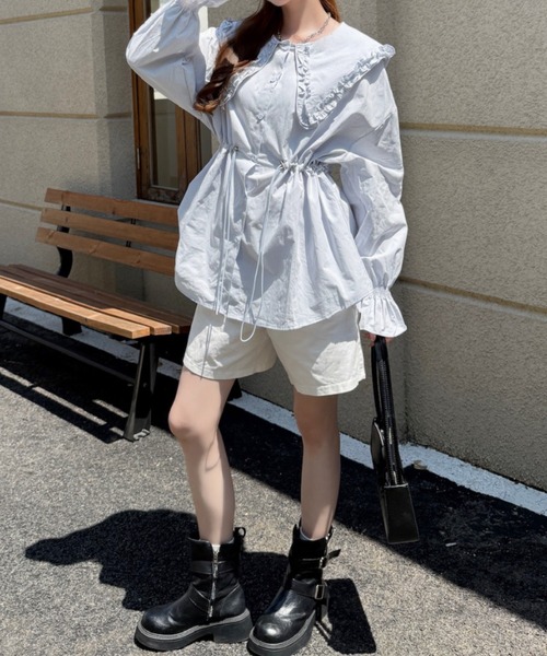 Ada.(エイダ)の「ビッグカラー キャンディースリーブ ウエスト絞り ブラウス(シャツ/ブラウス・レディース・イエロー/ホワイト/サックスブルー・FREE)」の7枚目の写真