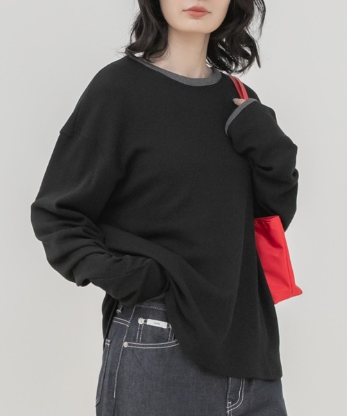 HEILIS(ヘイリス)の「バイカラーワッフルロングTシャツ/ロンT 長袖Tシャツ カットソー ワッフルTシャツ ワッフルトップス バイカラー 配色トップス 配色リブ クルーネック 長袖トップス 韓国ファッション 韓国コーデ カジュアル ノームコア レイヤード デイリー 春服 秋服 冬服 オフホワイト グレー ブラック(Tシャツ/カットソー・レディース・オフホワイト/ブラック/グレー・FREE)」の1枚目の写真