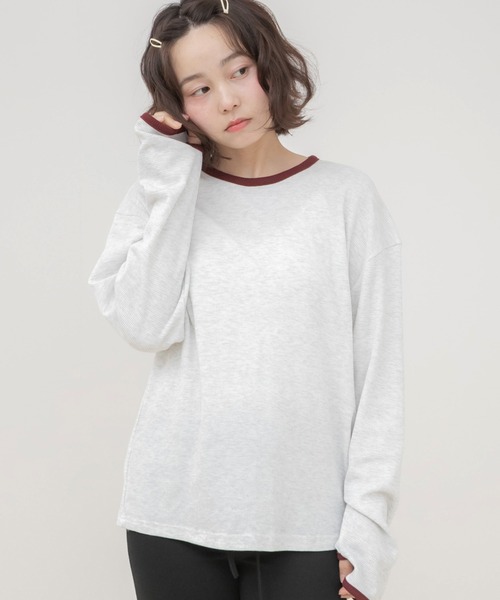 HEILIS(ヘイリス)の「バイカラーワッフルロングTシャツ/ロンT 長袖Tシャツ カットソー ワッフルTシャツ ワッフルトップス バイカラー 配色トップス 配色リブ クルーネック 長袖トップス 韓国ファッション 韓国コーデ カジュアル ノームコア レイヤード デイリー 春服 秋服 冬服 オフホワイト グレー ブラック(Tシャツ/カットソー・レディース・オフホワイト/ブラック/グレー・FREE)」の20枚目の写真