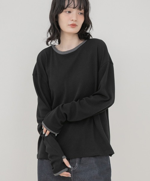 HEILIS(ヘイリス)の「バイカラーワッフルロングTシャツ/ロンT 長袖Tシャツ カットソー ワッフルTシャツ ワッフルトップス バイカラー 配色トップス 配色リブ クルーネック 長袖トップス 韓国ファッション 韓国コーデ カジュアル ノームコア レイヤード デイリー 春服 秋服 冬服 オフホワイト グレー ブラック(Tシャツ/カットソー・レディース・オフホワイト/ブラック/グレー・FREE)」の12枚目の写真