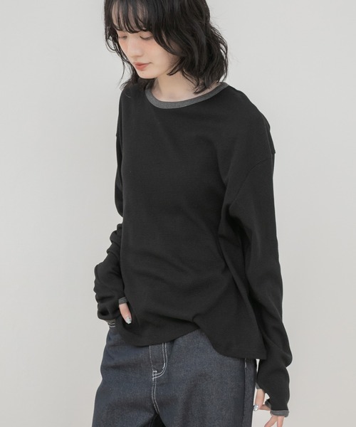 HEILIS(ヘイリス)の「バイカラーワッフルロングTシャツ/ロンT 長袖Tシャツ カットソー ワッフルTシャツ ワッフルトップス バイカラー 配色トップス 配色リブ クルーネック 長袖トップス 韓国ファッション 韓国コーデ カジュアル ノームコア レイヤード デイリー 春服 秋服 冬服 オフホワイト グレー ブラック(Tシャツ/カットソー・レディース・オフホワイト/ブラック/グレー・FREE)」の13枚目の写真