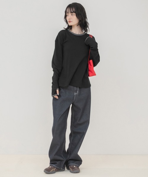 HEILIS(ヘイリス)の「バイカラーワッフルロングTシャツ/ロンT 長袖Tシャツ カットソー ワッフルTシャツ ワッフルトップス バイカラー 配色トップス 配色リブ クルーネック 長袖トップス 韓国ファッション 韓国コーデ カジュアル ノームコア レイヤード デイリー 春服 秋服 冬服 オフホワイト グレー ブラック(Tシャツ/カットソー・レディース・オフホワイト/ブラック/グレー・FREE)」の16枚目の写真