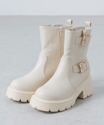 【S-LLサイズ展開・ふかふかクッション】厚底ダブルベルトショートブーツ JB4093