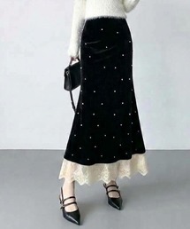 【26年秋冬新作】レースレイヤード ビジュー ベロア ロングスカート