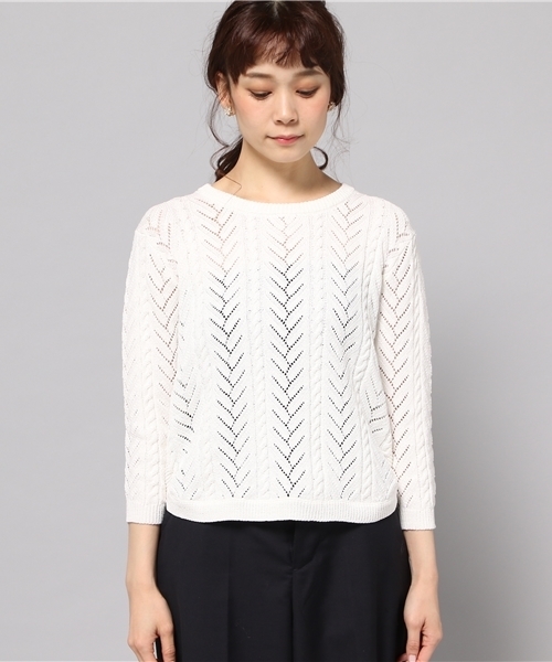 LIMITLESS LUXURY（リミットレスラグジュアリー）の「スカシガラプルオーバー◆（ニット/セーター・レディース・ホワイト/ネイビー・FREE）」の3枚目の写真