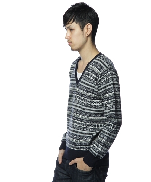 SHIPS JET BLUE（シップスジェットブルー）の「12GG FAIRISLE KNIT V/N（ニット/セーター・メンズ・ブラック/ネイビー/グレー/ベージュ・MEDIUM/SMALL/LARGE）」の5枚目の写真