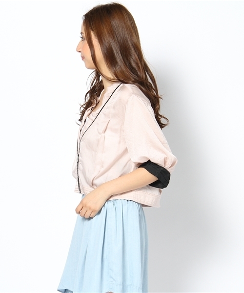 Language（ランゲージ）の「ラインスタージョーゼットジャケット（ノーカラージャケット・レディース・アイボリー/ベージュ/ピンク・38）」の4枚目の写真