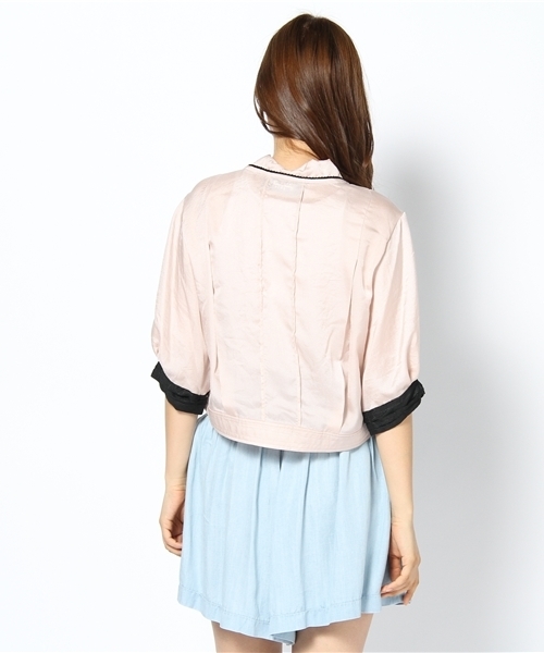 Language（ランゲージ）の「ラインスタージョーゼットジャケット（ノーカラージャケット・レディース・アイボリー/ベージュ/ピンク・38）」の9枚目の写真