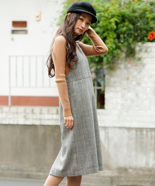 RAY CASSIN（レイカズン）の「グレンチェック・無地タイトジャンスカ（ジャンパースカート・レディース・ブラック/A・FREE）」の2枚目の写真