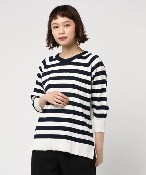 sabstreet my standard(サブストリートマイスタンダード)の「ボーダー×透かし柄ニット【大きいサイズ対応】【15号(3L)~19号(5L)】(ニット/セーター・レディース・ネイビー/ブルー・19号/15号)」の2枚目の写真