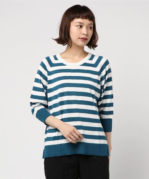 sabstreet my standard(サブストリートマイスタンダード)の「ボーダー×透かし柄ニット【大きいサイズ対応】【15号(3L)~19号(5L)】(ニット/セーター・レディース・ネイビー/ブルー・19号/15号)」の1枚目の写真
