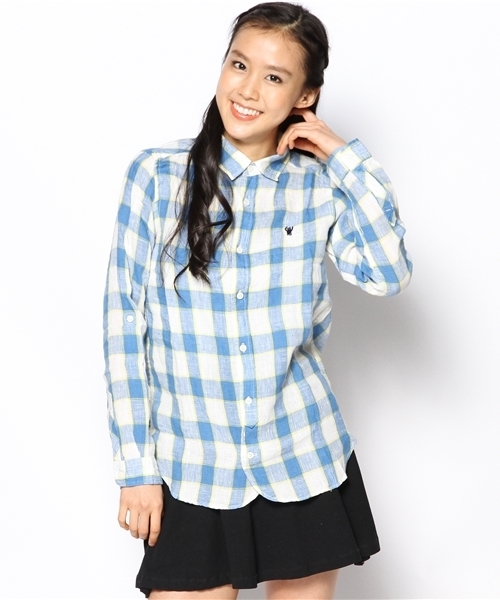 coen（コーエン）の「チェック柄リネンシャツ（シャツ/ブラウス・レディース・ピンク/レッド/イエロー/コバルトブルー・MEDIUM/LARGE）」の2枚目の写真